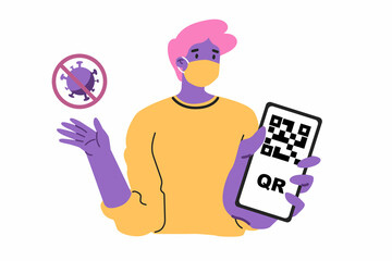 Man is showing phone screen with QR code certificate. Identification control. Antivirus sign. Concept of electronic pass, health passport, vaccination confirmation. Vector illustration.