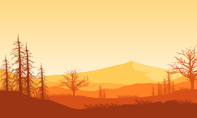Realistic view of mountains during the day with dry tree silhouettes around