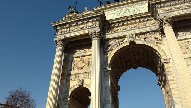 milan italy simplon sempione  arch of peace dedicated to napoleon shot on a sunny day dynamic shot prat 2