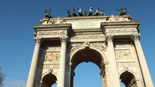 milan italy simplon sempione gate arch of peace dedicated to napoleon shot on a sunny day buttom up shot