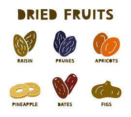 Dried fruits, silhouette icons set. Raisin, prunes, apricot, fig, pineapple, dates. Color hand drawn elements on white background - 484334784