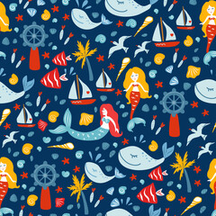 Naklejka premium Seamless sea vector pattern, mermaid Cartoon hand drawn decorative ocean background, doodle illustration marine texture, ocean design travel fantasy wallpaper with animal for play kids, nautical sign