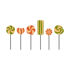 Swedish vector traditional food, caramel lollipops set isolated on white, decorative colorful symbol, candies with different spiral, drawing icon flat style twisted design, Favorite sweet treat