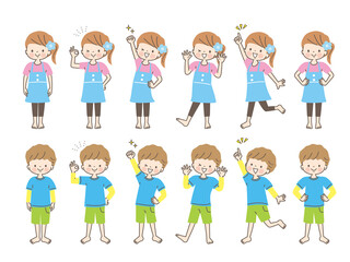 体操する男女の子ども達のイラスト素材セット