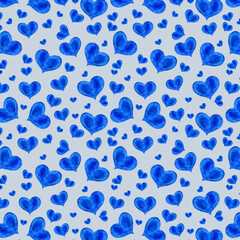Fototapeta na wymiar watercolor pattern of velvet blue hearts on a gray background for your wallpaper and clothing design