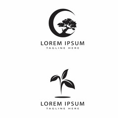 Oriental Bonsai Art, Japanese Mini Small Plant Tree on Pot Silhouette logo design vector