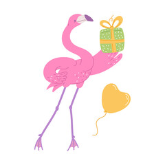 Cute pink flamingo with present and balloon. African bird cartoon flat illustration.