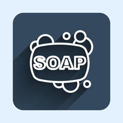 White line Bar of soap icon isolated with long shadow background. Soap bar with bubbles. Blue square button. Vector