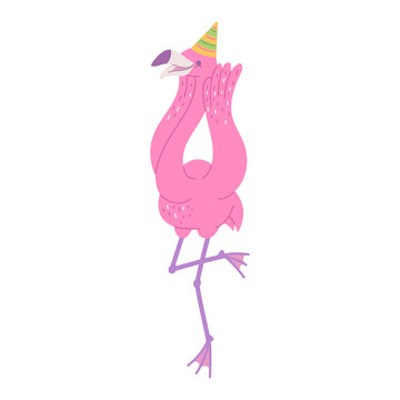 Cute Birthday pink flamingo in party hat. African bird cartoon flat illustration.
