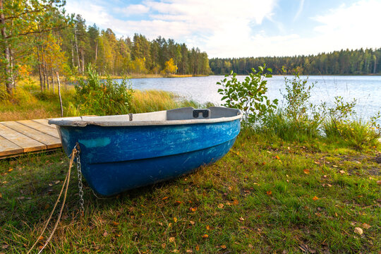 Autumn landscape, an old blue boat lies on the shore of a forest lake. The boat is pulled ashore for the winter for safety.
