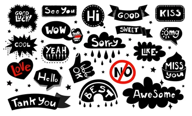 Foto op Plexiglas Set stickers with Quotes and phrases for paper mail, diary or notebook decor. Dialog words WOW, Like, Kiss. Hand drawn sketch doodle style. Chat, mail  and message elements. Vector illustration. © Larisa Vladimirova