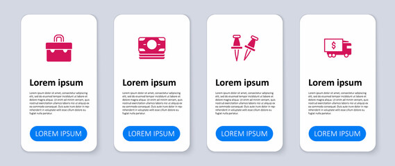 Set Armored truck, Push pin, Stacks paper money cash and Briefcase. Business infographic template. Vector