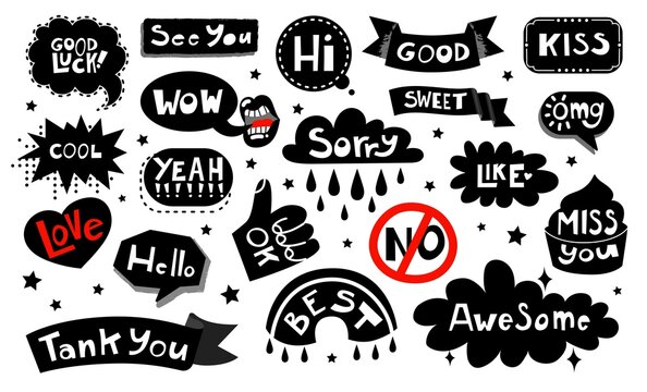 Set stickers with Quotes and phrases for paper mail, diary or notebook decor. Dialog words WOW, Like, Kiss. Hand drawn sketch doodle style. Chat, mail  and message elements. Vector illustration.
