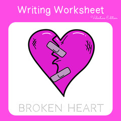 Illustration of writing practice worksheet with valentine theme. Educational printable worksheet. Exercises lettering game for kids. Vector illustration.