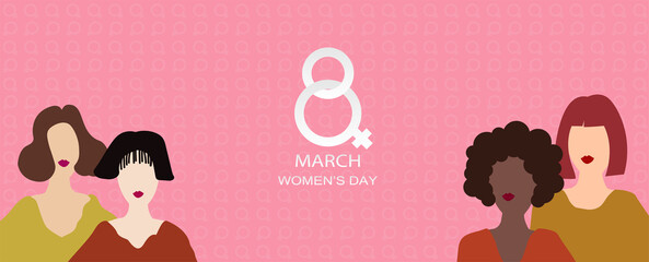8 March International women´s day. Female diverse faces of different ethnicity. Vector. illustration.
