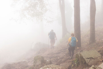 Fototapeta premium Tourists are hiking. The atmosphere around the tourists is full of mist