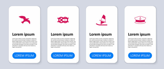 Set Captain hat, Windsurfing, Nautical rope knots and Bird seagull. Business infographic template. Vector