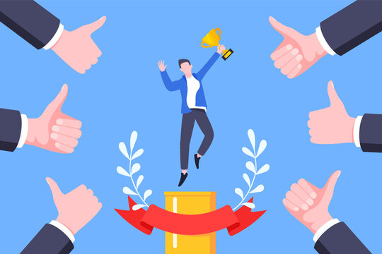 Best worker employee winner with trophy cup inside award ribbon and floral wreath flat style design vector illustration. Employee of the month, talent award, best worker competition prize.