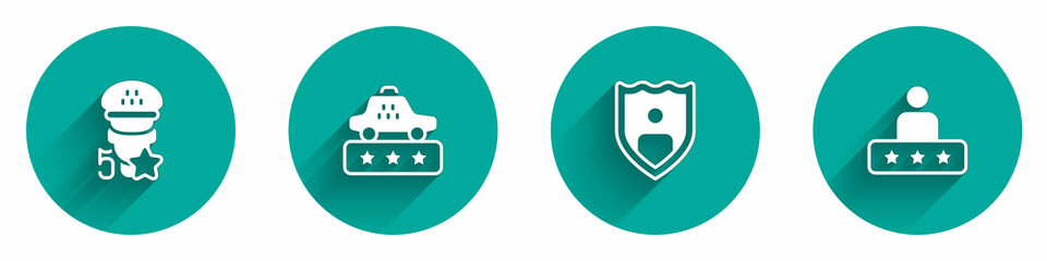 Set Taxi service rating, Life insurance with shield and icon with long shadow. Vector