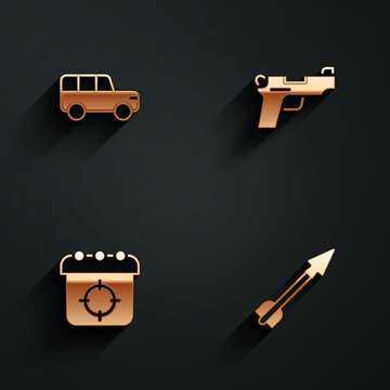 Set Safari car, Pistol or gun, Target sport and Medieval arrow icon with long shadow. Vector