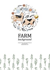 Sample brochure. Agricultural background. Cows, milk can, sun, clouds and flowers.