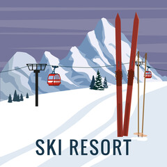 Mountain vintage winter resort village Alps, Switzerland. Snow landscape peaks, slopes with red gondola lift, with wooden old fashioned skis and poles. Travel retro poster - obrazy, fototapety, plakaty