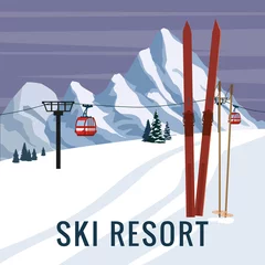Deurstickers Mountain vintage winter resort village Alps, Switzerland. Snow landscape peaks, slopes with red gondola lift, with wooden old fashioned skis and poles. Travel retro poster © hadeev