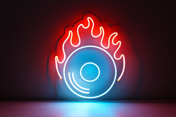 Blue vinyl record sign with orange fire. Neon concept. Modern style. Neon sign. Party background. 