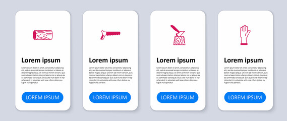 Set Protective gloves, Wooden axe in stump, Hand saw and log. Business infographic template. Vector