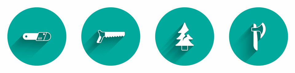Set Chainsaw, Hand, Tree and Wooden axe icon with long shadow. Vector