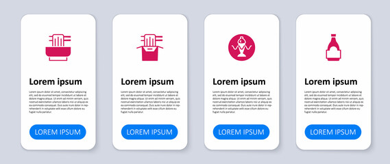 Set Soy sauce bottle, Served fish on plate, Asian noodles in paper box and bowl. Business infographic template. Vector