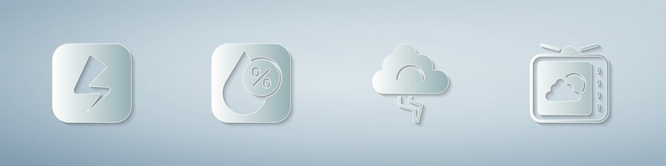 Set Lightning bolt, Water drop percentage, Cloud and lightning and Weather forecast. Paper art style. Vector