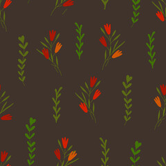 Spring flowers, plants, herbs. Seamless floral pattern. Design for fabric, wallpaper, textile. Vector illustration.