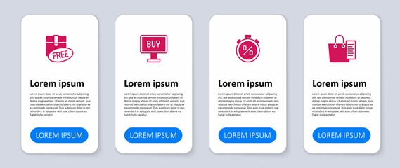 Set Shopping list, Stopwatch percent discount, Buy button and Cardboard box with free symbol. Business infographic template. Vector