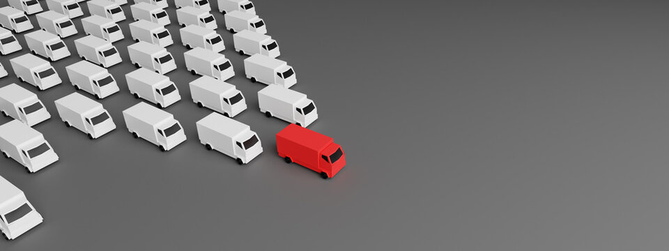 Transportation leadership concept: red truck leading a group of white trucks