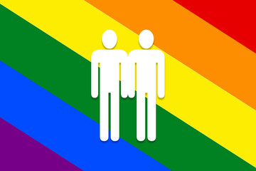 Gleichgeschlechtliches Paar vor einer Regenbogenfahne. Konzept Gleichberechtigung von homosexuellen...