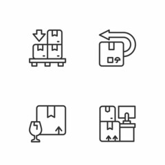 Set line Warehouse with boxes, Package fragile content, Cardboard pallet and Return cardboard icon. Vector