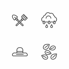 Set line Seeds of specific plant, Farmer worker hat, Shovel and rake and Cloud with rain icon. Vector