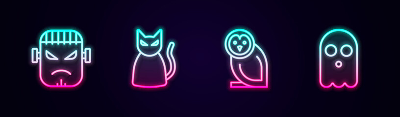 Set line Frankenstein face, Black cat, Owl bird and Ghost. Glowing neon icon. Vector
