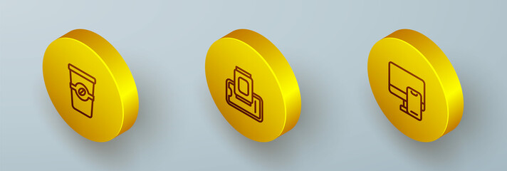 Set Isometric line Coffee cup to go, Food ordering on mobile and Online food icon. Vector