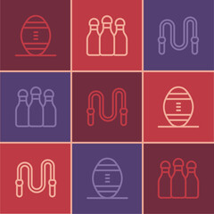 Set line American Football ball, Jump rope and Bowling pin icon. Vector