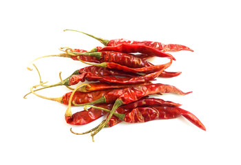 Isolated asian red and dry chillies pepper on white paper.