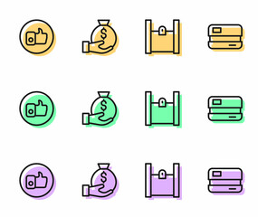 Set line Paper shopping bag, Hand like, Money and Credit card icon. Vector