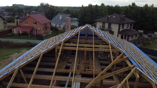 Modern roof made of metal. Corrugated metal roof and metal roofing.