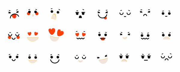 Collection with Different emotions. Use for characters setting-up. Funny emoticon faces with facial expressions. Flat style in vector illustration.