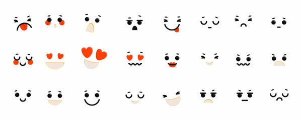 Naklejka premium Collection with Different emotions. Use for characters setting-up. Funny emoticon faces with facial expressions. Flat style in vector illustration.