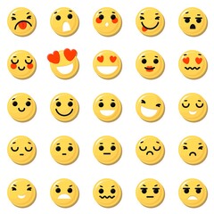 Fototapeta premium Collection Different emotions. Use for messages in social media, mail, chatting. Funny yellow emoticon faces with facial expressions. Flat style in vector illustration.