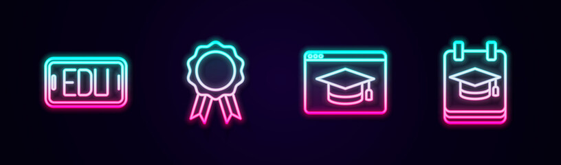 Set line Online education, with diploma, and . Glowing neon icon. Vector