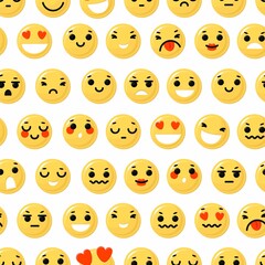 Seamless pattern with Different emotions. Paper and textile design. Funny yellow emoticon faces with facial expressions. Flat style in vector illustration.