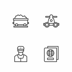 Set line Passport, Train conductor, Coal train wagon and Handcar transportation icon. Vector